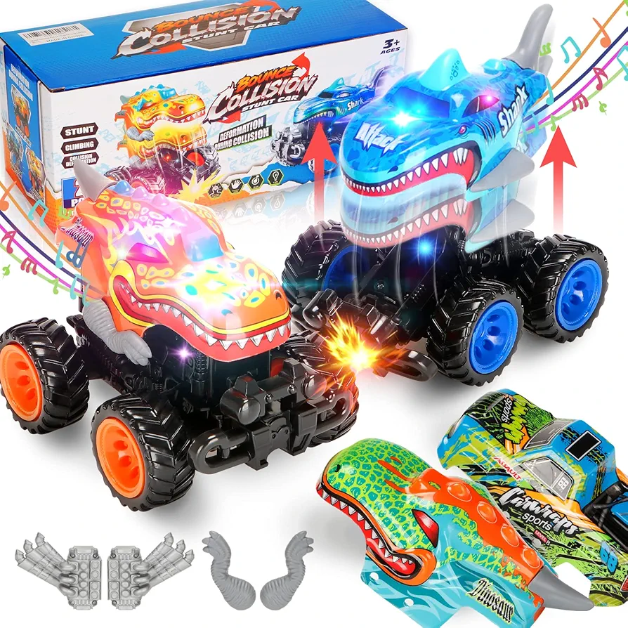 Exploding Monster Truck for Boys 3, 4-7 and above and Girls,2 Pack of Interchangeable Body Light Up Toy Cars with Lights & Sounds, Dinosaur Shark Toys Gift for Kids