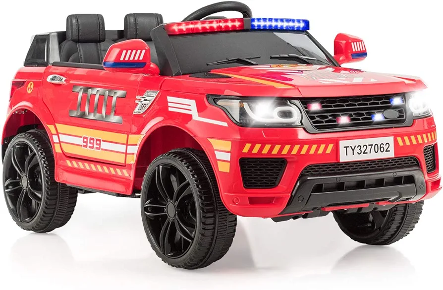 HONEY JOY Ride On Fire Truck, 12V Electric Car for Kids, Siren Flashing Light, Horn, Music, Intercom, Spring Suspension, 3 Speeds, Battery Powered Ride On Fire Fighter for Boys Girls (Red)