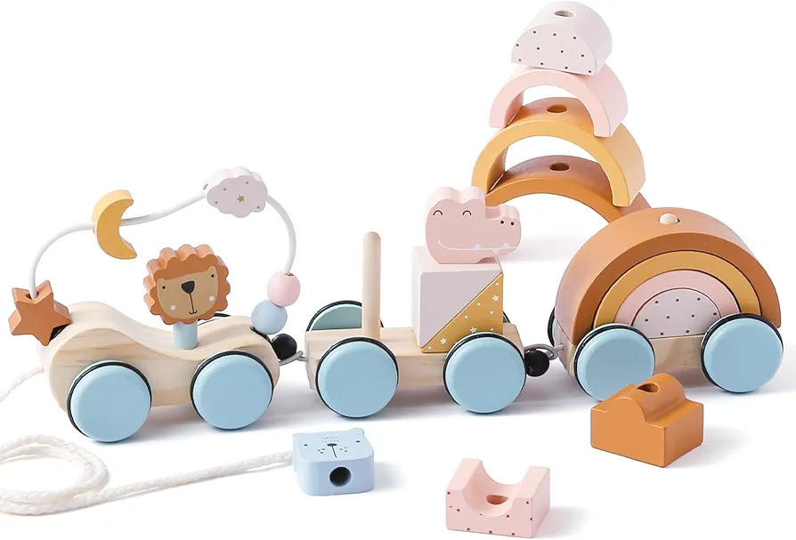 Wooden Train Toys Set Wooden Stacking Train for Toddler Animal Train Toy Montessori Toys for 1 2 3 Boy Girl Christmas Birthday Gift