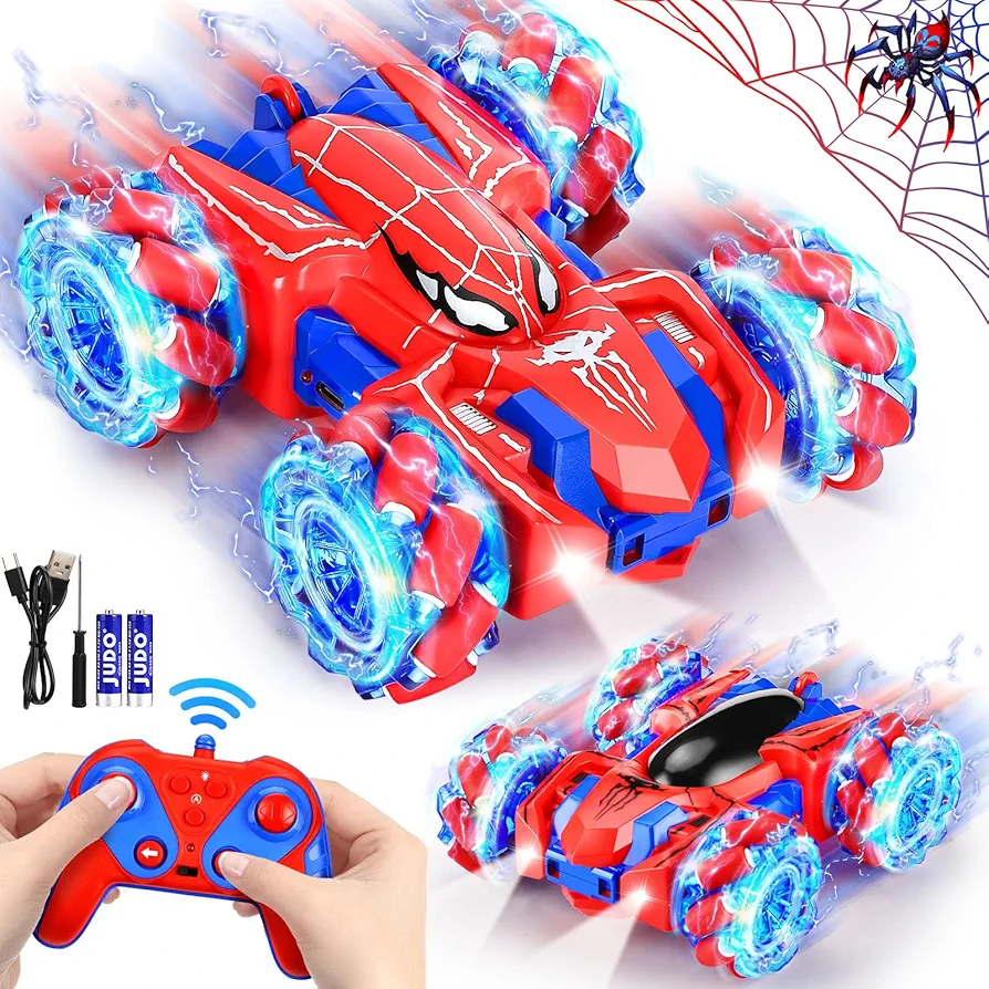 Spider Remote Control Car for Boys 4-6,360° Rotating Double-Sided Rechargeable RC Stunt Cars with Cool Headlights,2.4Ghz 4WD Off-Road Racing Cars for Kids Age 4 5 6 7 8 9 10 11 12 (Red)