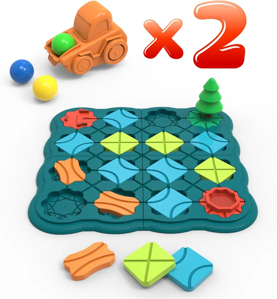 Kids Toys STEM Board Games - Logic Road Builder Brain Teasers Puzzles for 3 to 7 Year Old Boys Girls, Educational Montessori Birthday Gifts for Ages 4-8 Preschool Classroom Learning (2 Car Version)