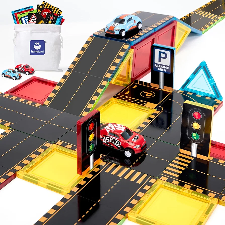 Magnetic Tiles for Kids Toys 3-5 - 62 PCS Kids Boy Toys Magnetic Tiles Road Toppers with Cars for 3 Year Old Boys Girls Building Learning Preschool Toy for Age 5-7 Birthday Gifts for Age 3 4 5 6 7