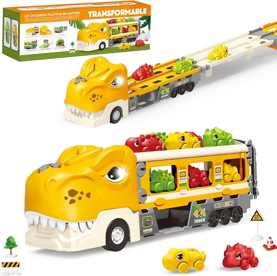 Dwi Dowellin Dinosaur Truck Toys for Kids 3-5 Years,with 6 Dinosaur Car Vehicles,1 Toy Tyrannosaurus Dinosaur Transport Carrier Truck,Race Track Playset with Lights Sounds,Kids Gifts