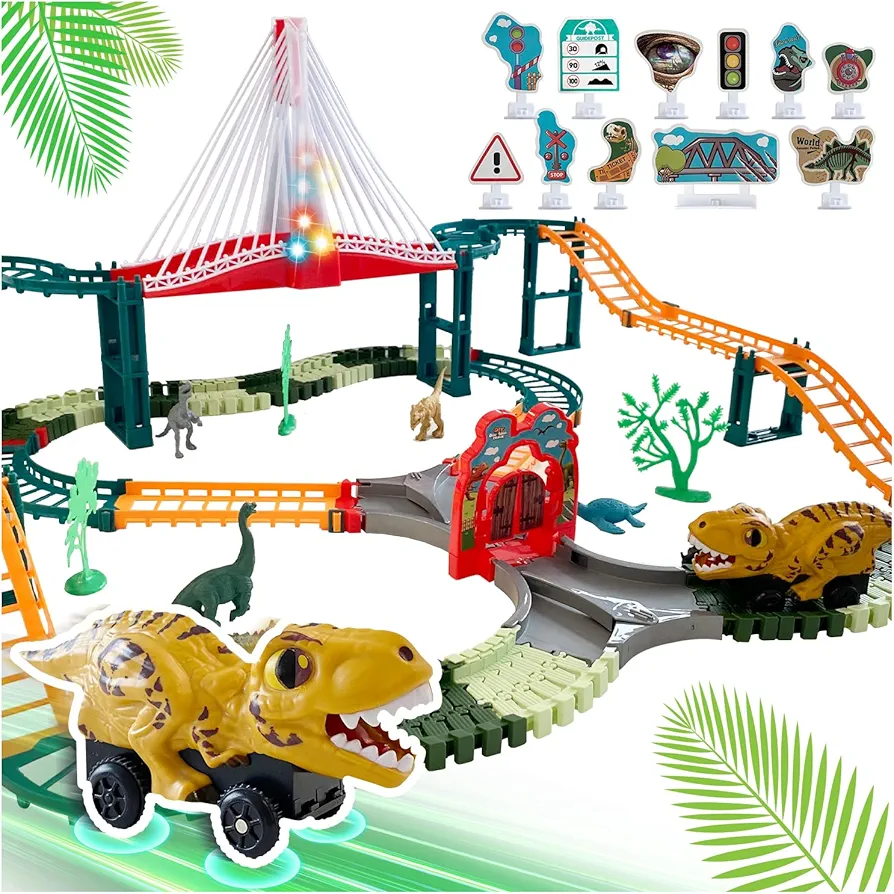 167PCS Create A Dinosaur World Road Race with 6 Dinosaurs and 1 Dinosaur Car Toys for 3+ Year, Dinosaur Forest Scene with Dazzling Lights and Music Bridge