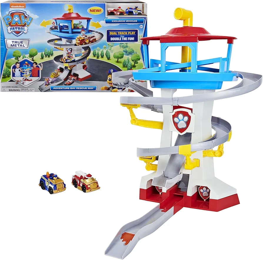 Paw Patrol Adventure Bay Lookout Tower Playset With 2 Die-Cast 1:55 Vehicles (Chase and Marshall): Twin Track Rescue Way 25 Pc Set With Launching Periscope - Accommodate Up to 6 True Metal Racing Cars