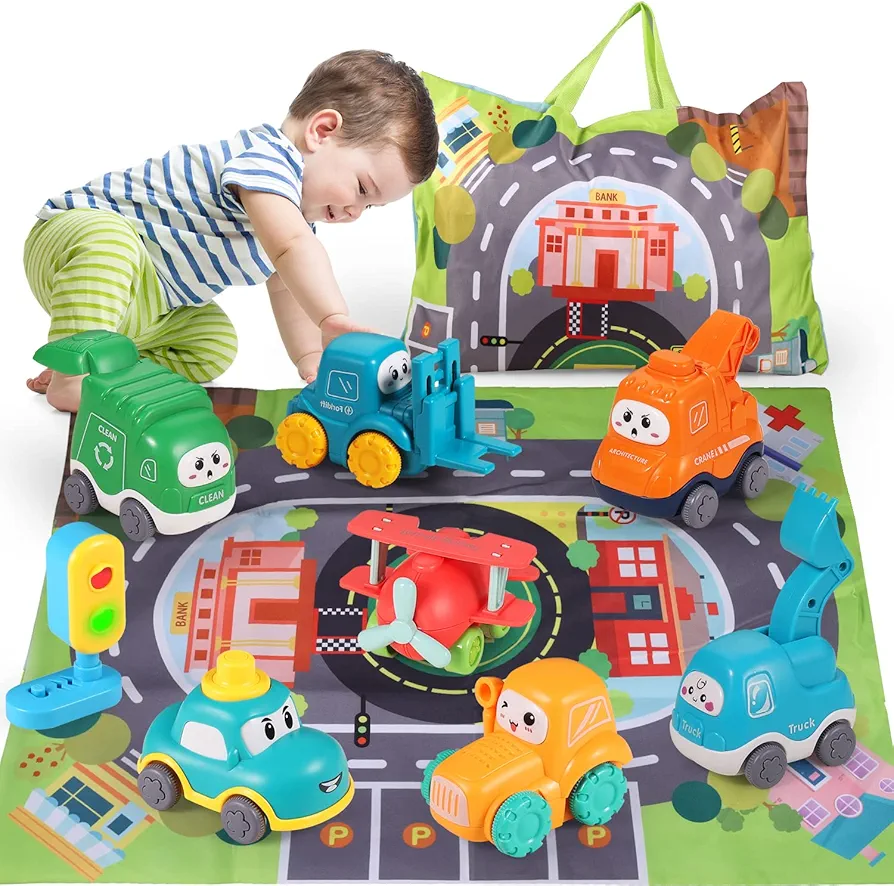 ALASOU 7 PCS Baby Cranes Car Toys with Playmat/Storage Bag|1st Birthday Gifts for Toddler Toys Age 1-2|Baby Toys for 1 2 Year Old Boy|1 2 Year Old Boy Birthday Gift for Infant Toddlers