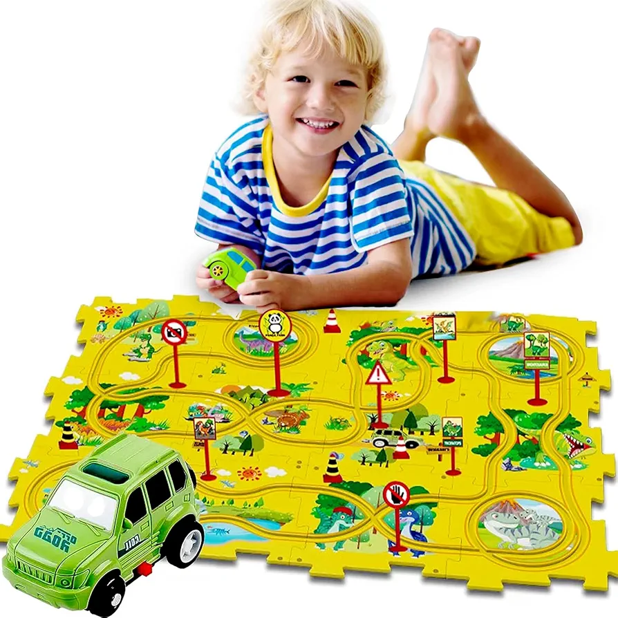 Easter Basket Stuffers，Puzzles for Kids Ages 1-3, Magic Tracks, Toddler Puzzle Car Tracks, Toys for 1-3 Year Old Boys Girls, Montessori Toys for Kids (Dinosaur)