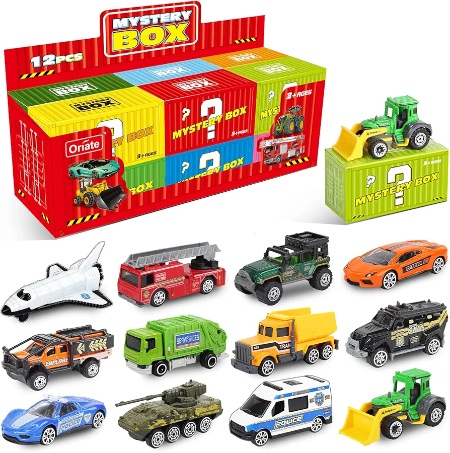 Oriate Diecast Toy Cars Set for 3 4 5 6 7 8 Year Old Boys, 12 Pack Mini Metal Cars 1/64, 12 Theme in one Set Blind Box Edition- Include Farm, Space Ship, Truck for Children Birthday Party Decor Gifts