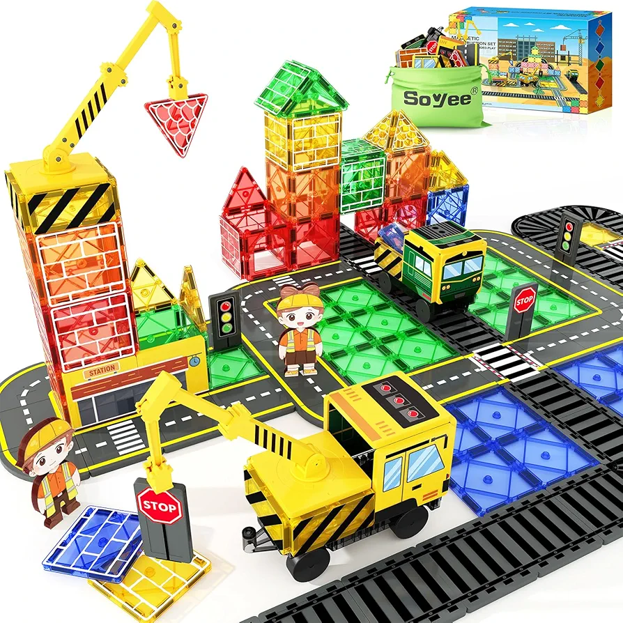 Magnetic Tiles Magnetic Construction Set with 2 Cranes Boys Toys for Ages 3-5 5-7 8-10 Building Toys Includes Crane Train Dolls and Stations 4 5 6 7 8 9 10 Year Old Boy Birthday Xmas Gift