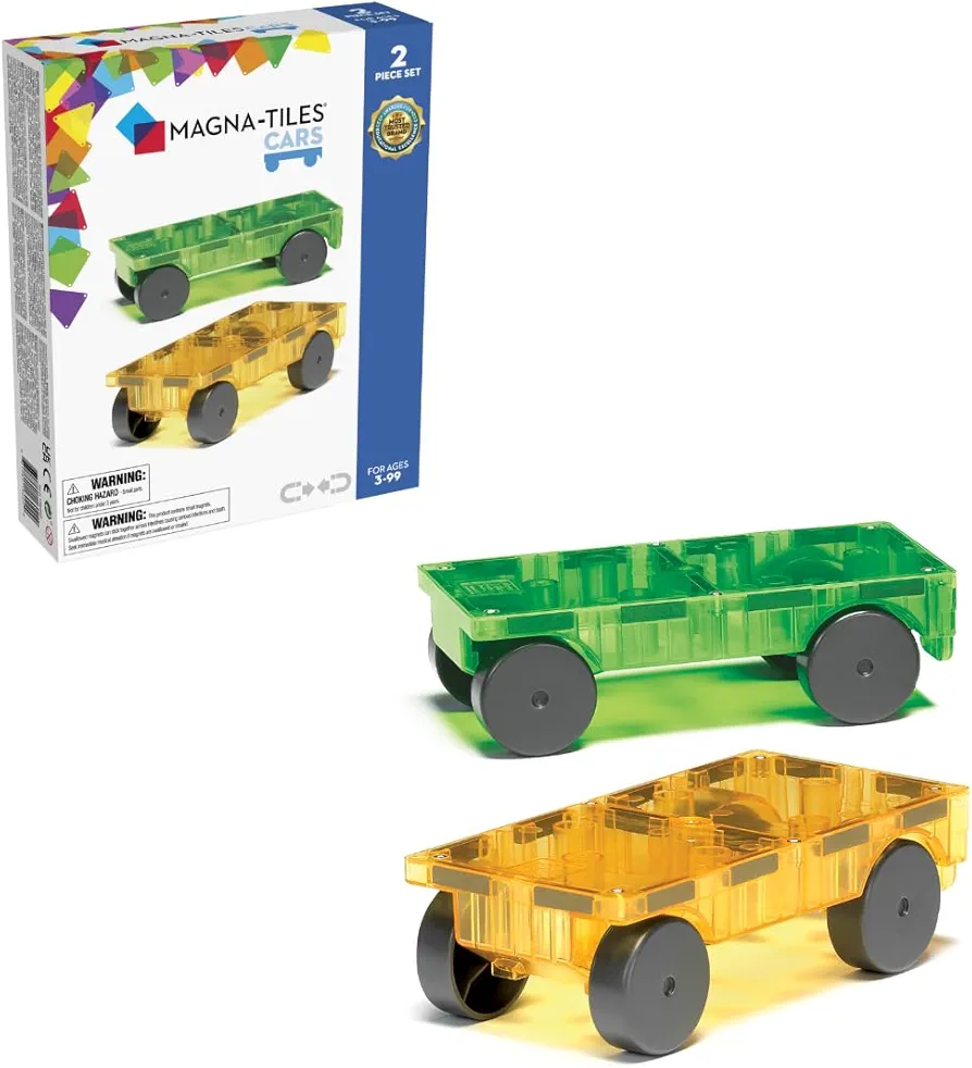 MAGNA-TILES Cars – Green & Yellow 2-Piece Magnetic Construction Set, The ORIGINAL Magnetic Building Brand