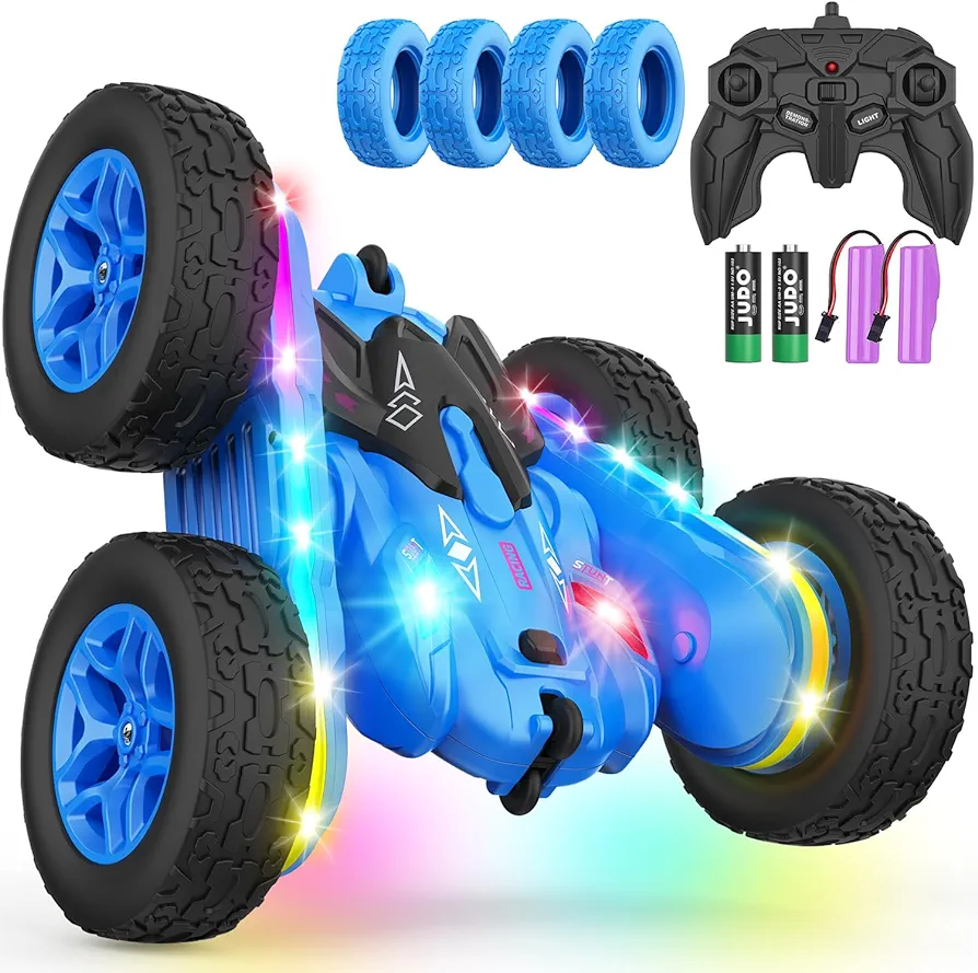 Remote Control Car, Rc Cars Stunt RC Car Toys New Upgraded Strip Lights and Headlights Car Toys Double-sided 360° Rotating 4WD Rc Drift Truck for Boys Girls Birthday Gift (Blue)