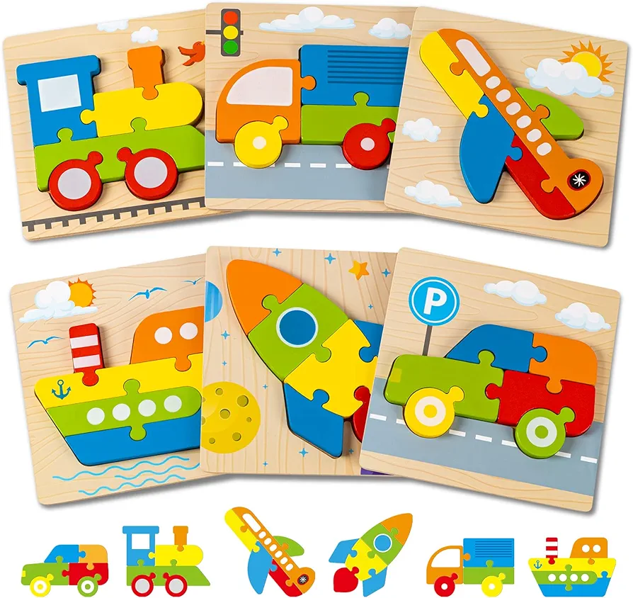 Wooden Vehicle Puzzles Toy Gift for 1, 2, 3 Years Old Boys Girls, Toddler Best Birthday Gift with 6 Vehicle Baby Montessori Color Shapes Learning Puzzles - Kids Educational Developmental Toys