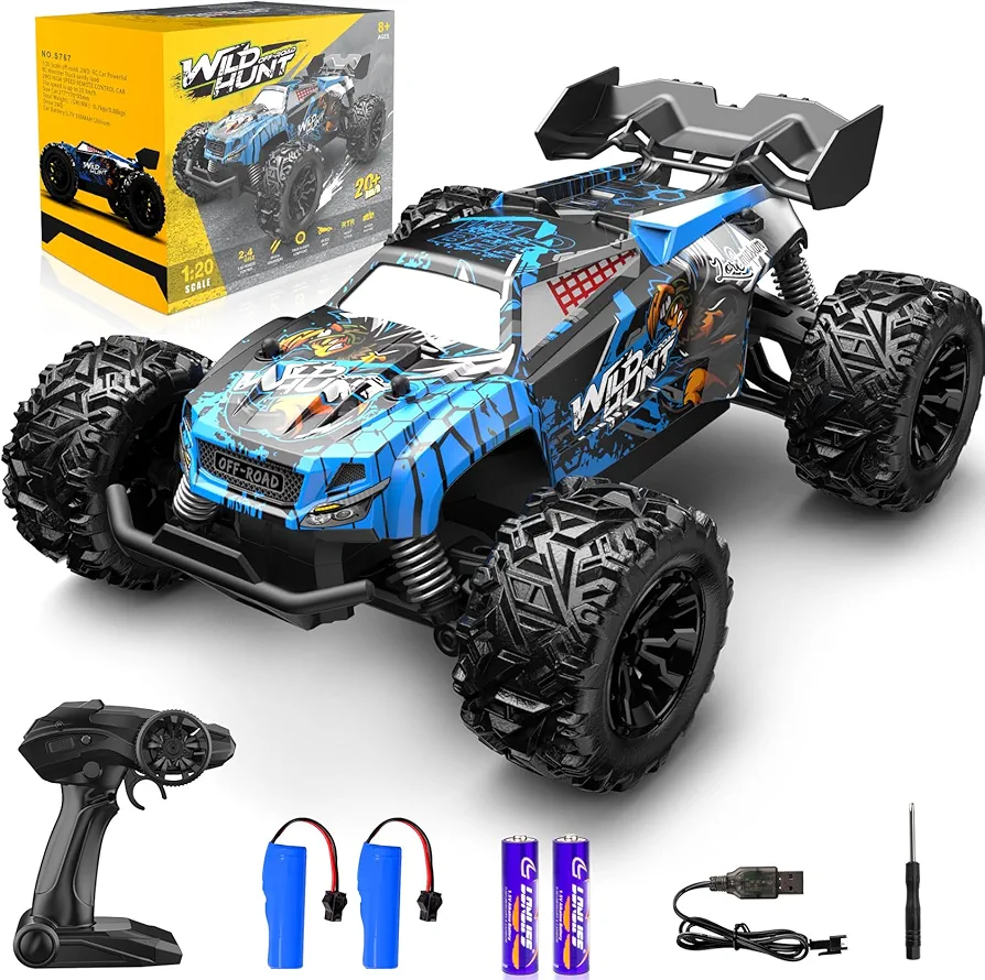 RC Cars 1:20 Scale Remote Control Car, 2.4GHZ Fast Racing Monster Car, All Terrains RC Truck with Two Rechargeable Batteries for Boys Kids Adults Christmas Birthday Gift