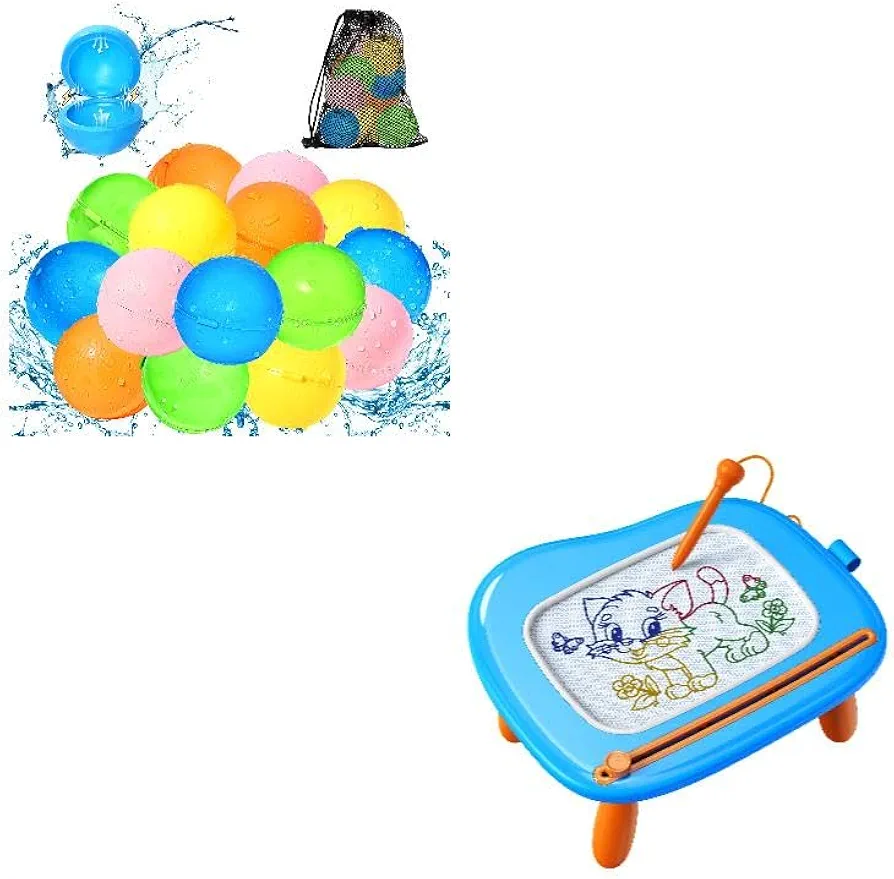 Reusable Water Balloons+Sturdy Magnetic Drawing Board Sketch Doodle Pad for 1 2 3 Years Old Girl, Self Sealing Water Bomb, Pool Beach Water Toys for Kids Ages 3-12, Magnetic Water Balloons