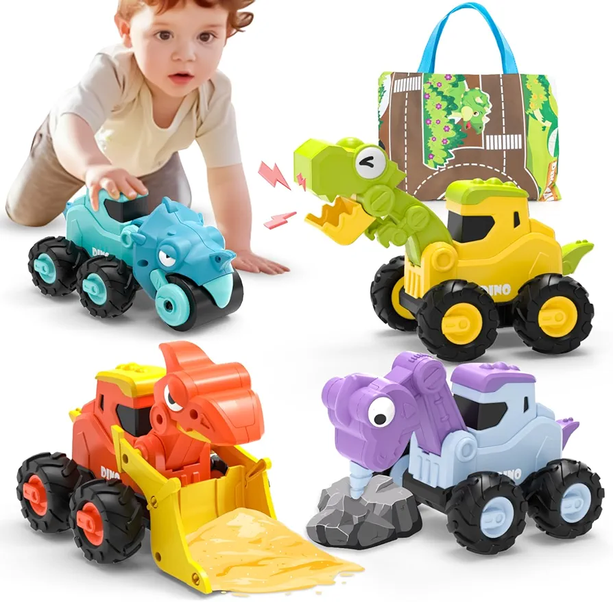 Dinosaur Toy Cars for Toddlers 1-3 with Playmat, Press Go Baby Toy Trucks for Toddlers 2-4 Years, Kids Toy Construction Vehicles Set Birthday Gifts for 1 2 Year Old Boys Girls