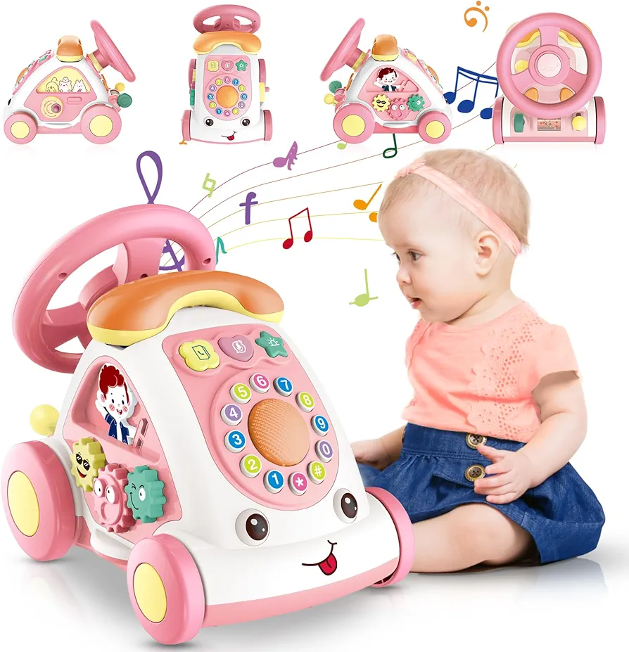 Toddler Toys for 1+ Year Old Girls - Music Toys Age 1-2 Learning Toys with Car/Sound/Music/Steering Wheel/Telephone/Lights Multi-Functional Car Early Educational Birthday Gift for Girl