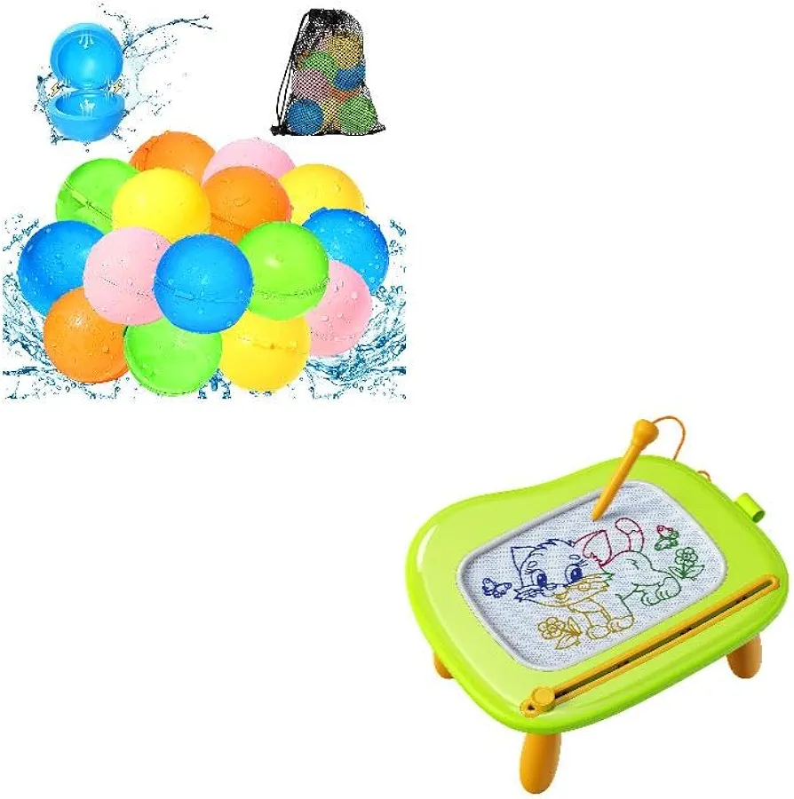 Reusable Water Balloons+Sturdy Magnetic Drawing Board Sketch Doodle Pad for 1 2 3 Years Old Girl, Self Sealing Water Bomb, Pool Beach Water Toys for Kids Ages 3-12, Magnetic Water Balloons