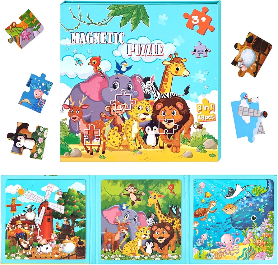 LovesTown Magnetic Travel Puzzles Book, Animal Wooden Magnetic Puzzles for Toddlers Learning Magnetic Puzzles for Road Trip