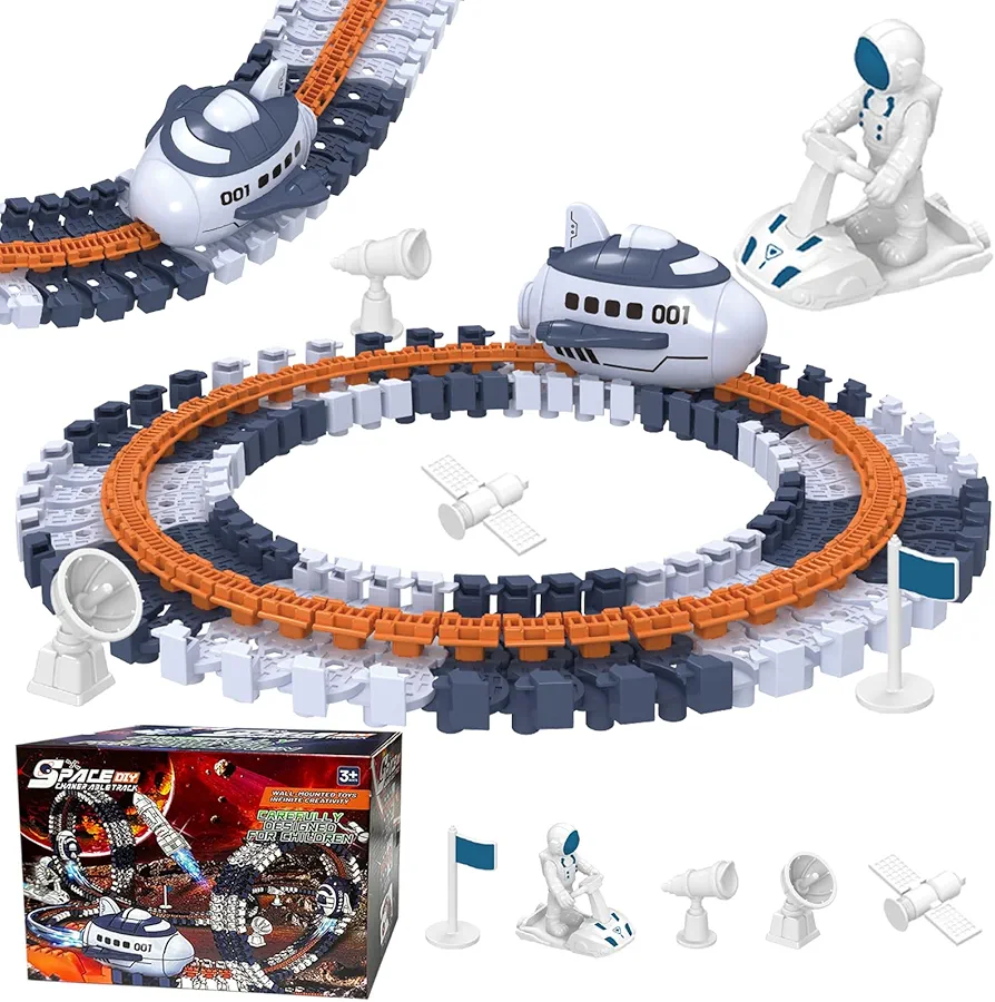 CREAMHONGKID Toy Car Track, 128 PCS Create A Space World with Flexible Race Track, Flexible Tracks Playset & 2 PCS Spacecraft, Toddler Race Tracks for Kids Ages 3+, Birthday Children's Day Gifts