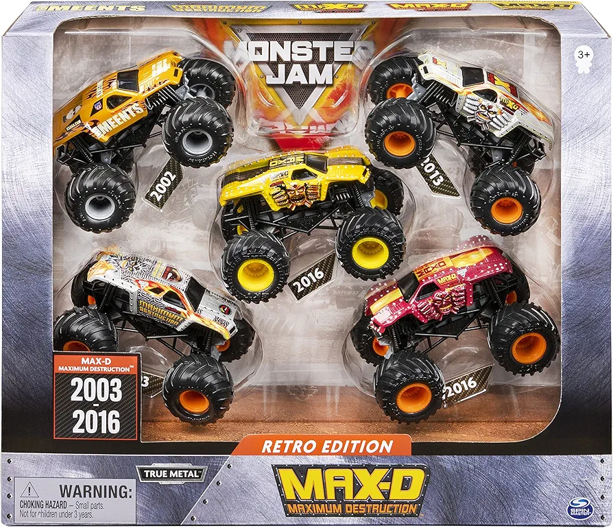 Monster Jam, Official Retro Edition Max-D 5-Pack of 1:64 Scale Monster Trucks, Kids Toys for Boys and Girls Ages 3 and up