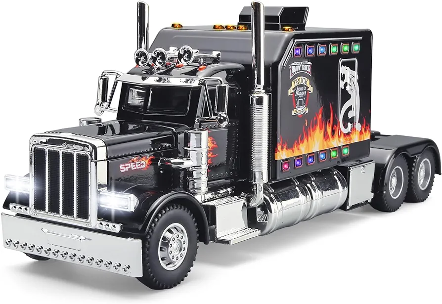 Semi Truck Toys for Boys Heavy Truck Tow Truck Toy,Metal Diecast Trucks Model with Light and Sound Pull Back Semi Truck Toy,Truck and Trailer Toys for Boys,Toy Trucks for Boys Age 4-7(Black)