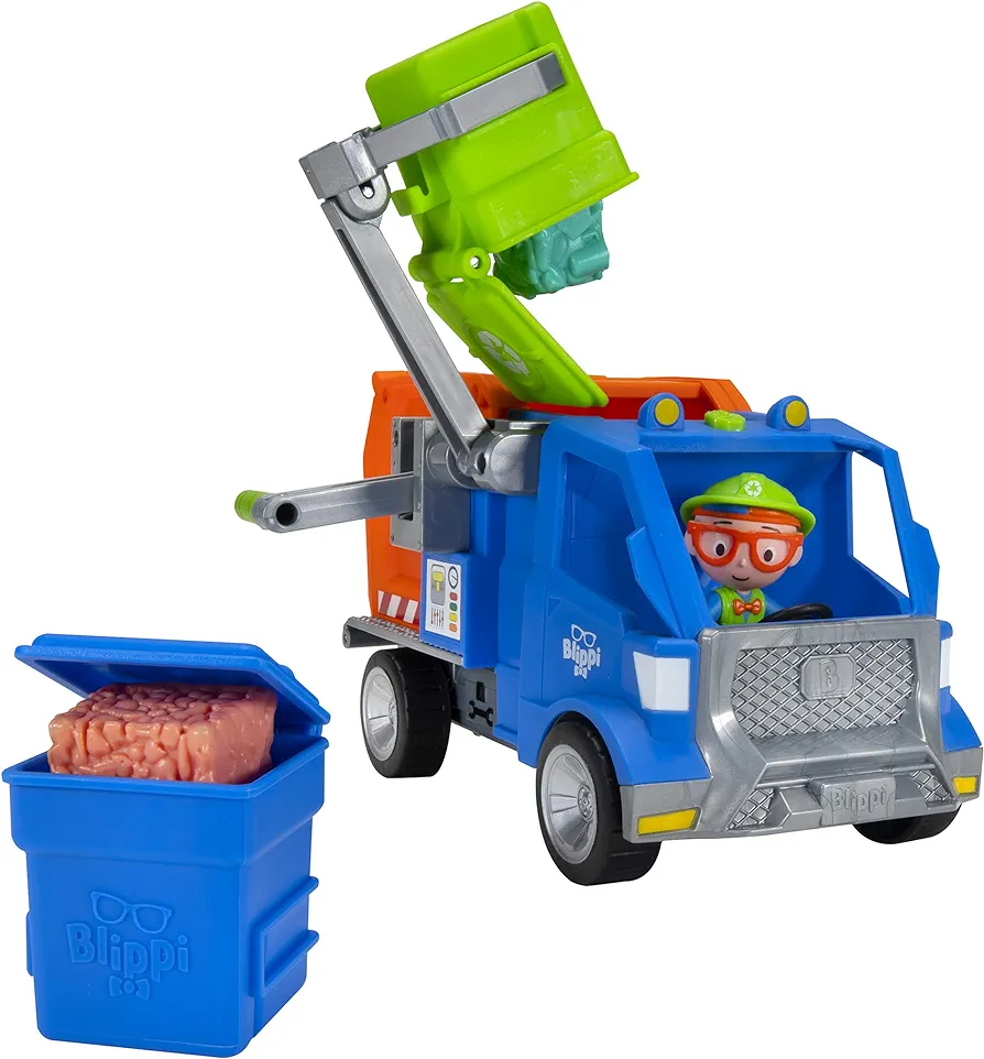 Blippi Recycling Truck - Includes Character Figure, Working Lever, 2 Trash Cubes, 2 Recycling Bins - Sing Along with Popular Catchphrases - Educational Toys for Kids - Amazon Exclusive