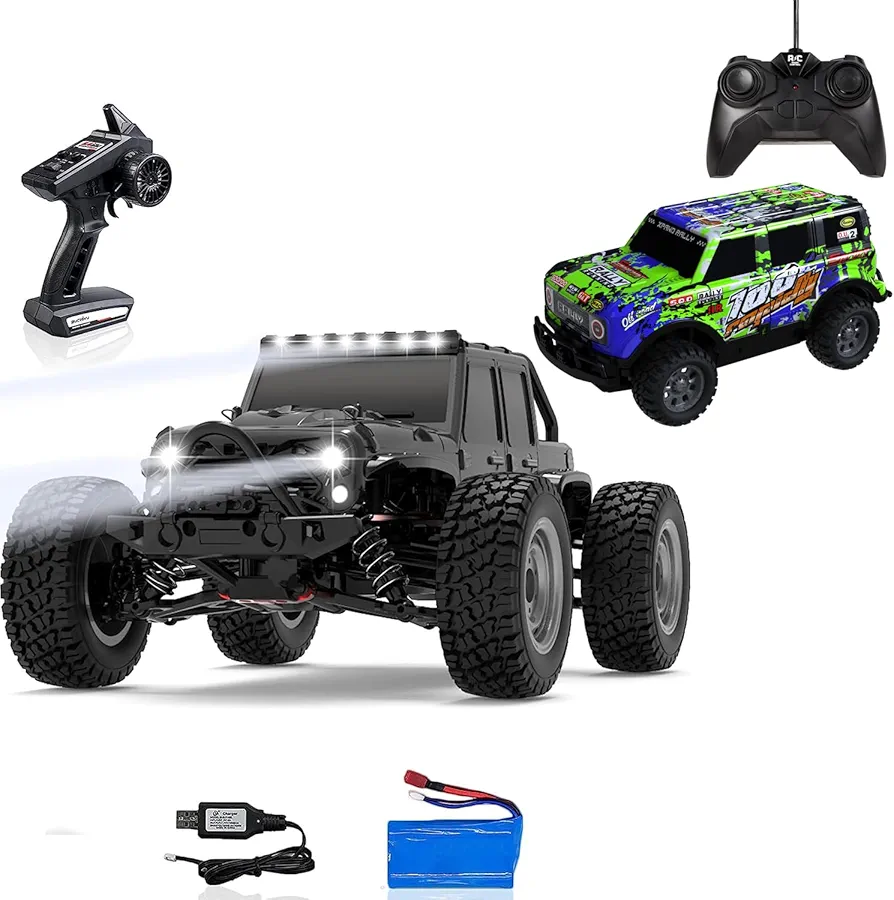 1:16 Scale All Terrain Remote Control Car, 4X4 High Speed RC Truck 2 Rechargeable Batteries Waterproof RC Car for Adults；1/24 Scale Light Up Racing Car Toys for Kids with Cool Led Lights