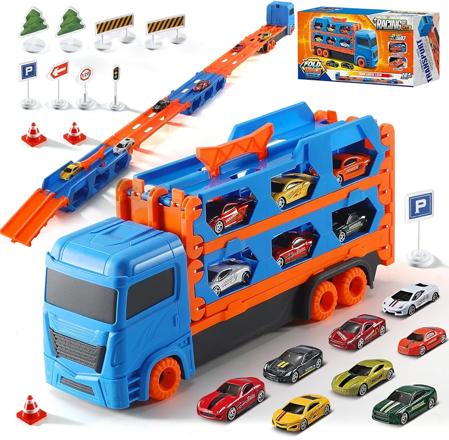 Transport Truck Toy Toddler Car Carrier for Boys Girls, 9 in 1 Race Track and Die-Cast Truck Baby Race Car Toy Vehicles for 3 + Year Old Kids