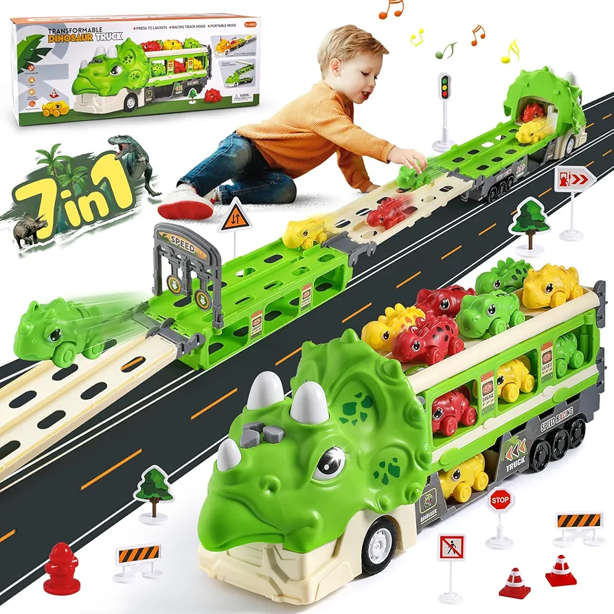 FRUSE Toddler Car Toys for 3 4 5 Years Old Boy,7 in 1 Dinosaur Truck,Foldable Ejection Race Track Dinosaur Toy W/ 6 Dino Cars,12 Road Signs,Sound,Dinosaur Car Playset,Toys for Kids Boys Girls 3-5