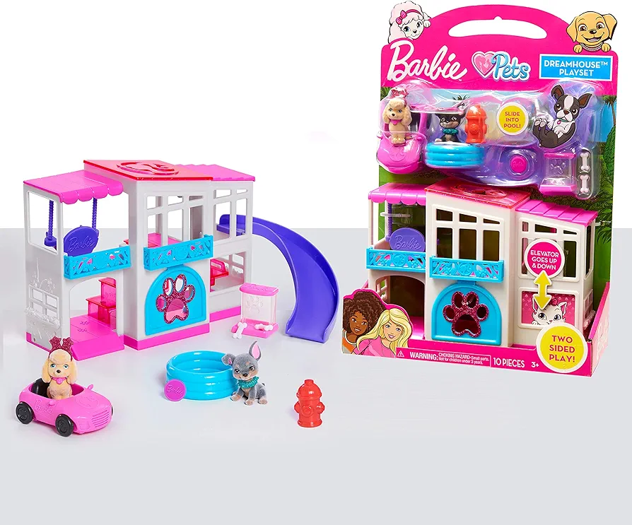 Barbie Pet Dreamhouse 2-Sided Playset, 10-pieces Include Pets and Accessories, 1-inch Pets, Kids Toys for Ages 3 Up by Just Play