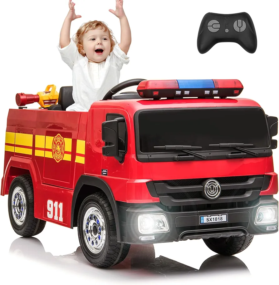 Arlopu 12V Ride on Fire Truck, Kids Electric Vehicle, Battery Powered Car Toy w/Remote Control, Power Motorized Driving Car, Simulation Electric Fire Vehicle w/Spring Suspension Toy Gun, Birthday