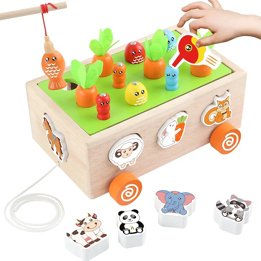 Montessori Toys for 1 2 3 Year Old Toddlers, 5 in 1 Wooden Shape Sorting & Matching Puzzle Carrots Harvest Game Catching Worm Fishing Preschool Learning Activities for Babies Boys and Girls