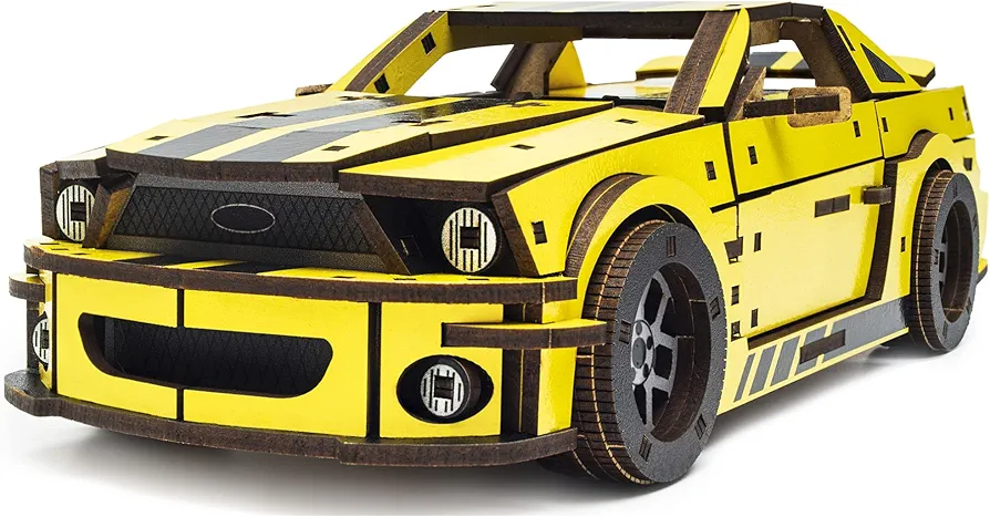 UNIDRAGON Models Wooden 3D-Puzzle - Muscle Car, Stallion GT Yellow, 248 pcs, 10"x8.3"x0.9", Wooden Construction Set, Best Gift for Adults and Kids, Muscle Сar