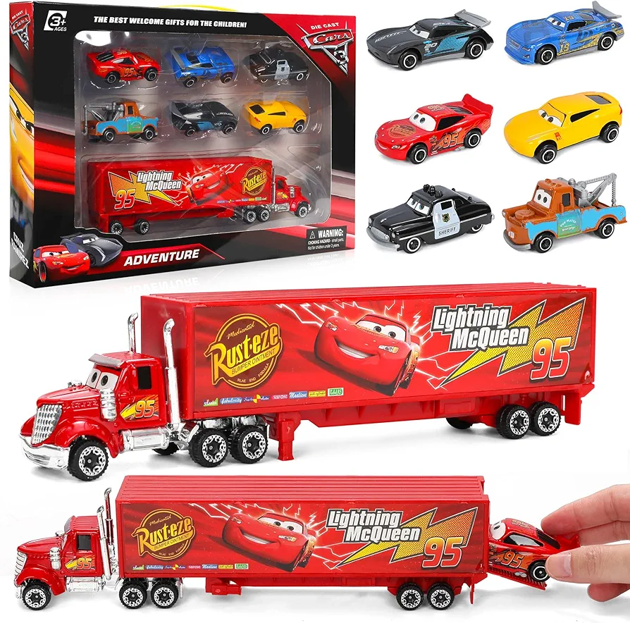 Cars Figurines Playset Miniature Car - 7 Pack Movie Themed Racers Vehicles Include 6 Mini Car Figures Toy 1 Large Trucks Collectible Toy Cars for Kids Birthday Party Supplies Gifts