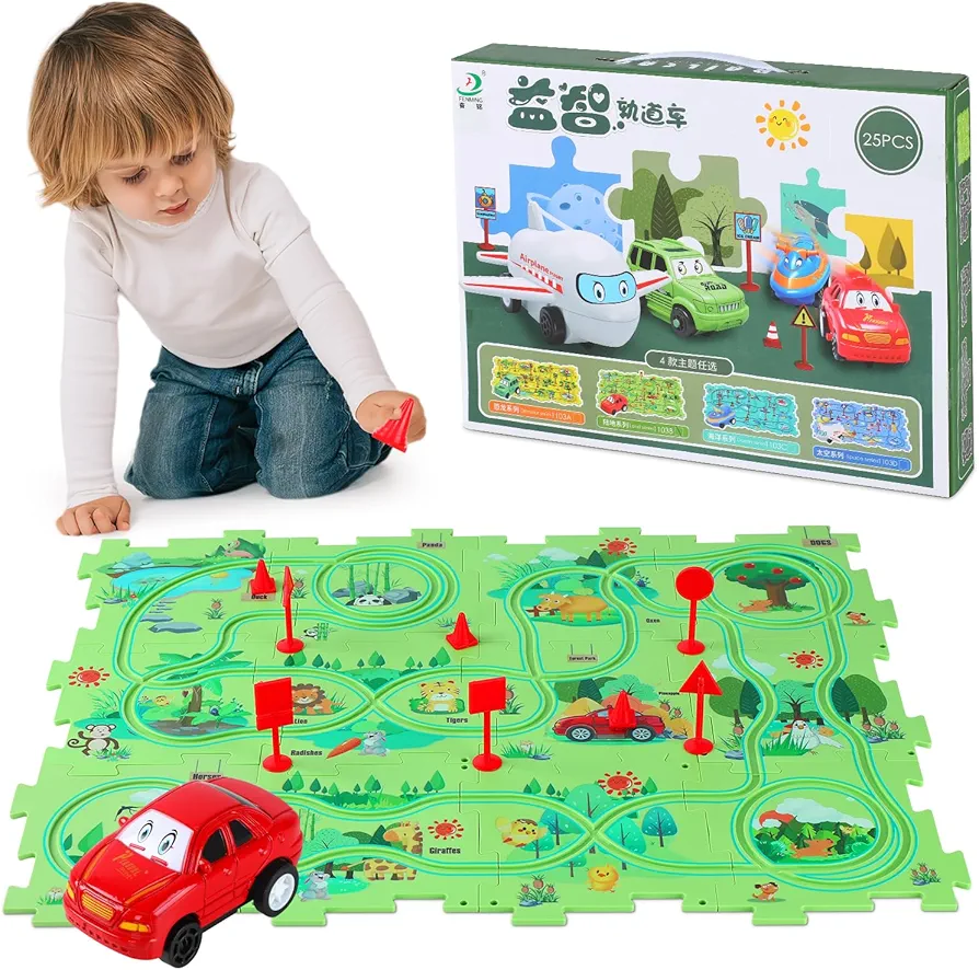 Puzzle Track Car Play Set for Kids,Toddler Puzzle Car Tracks Rail Car Building Toys DIY Toddler Educational Montessori Toys Birthday Gift for Kids Ages 3-5 (25PCS)