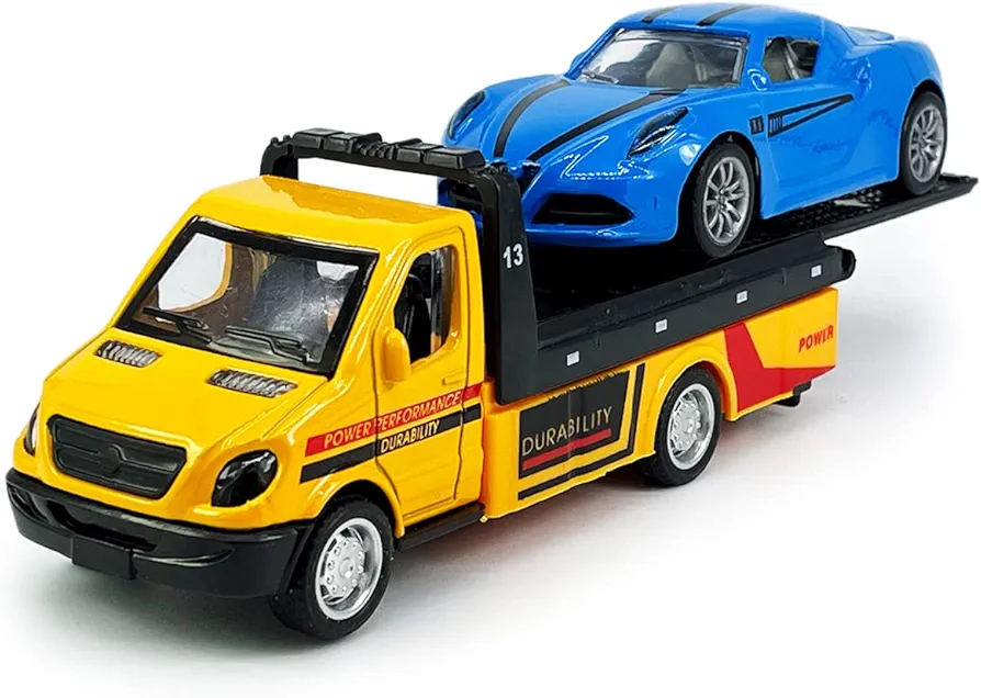 Flatbed Truck Toy Rescue Tow Truck Transport Trailer Car Carrier Metal Diecast Pull Back Vehicles 2 in 1 Vehicle Playset Toy Trucks for Boys Kids Toddlers Birthday Gifts for Age 3 4 5 6, Yellow