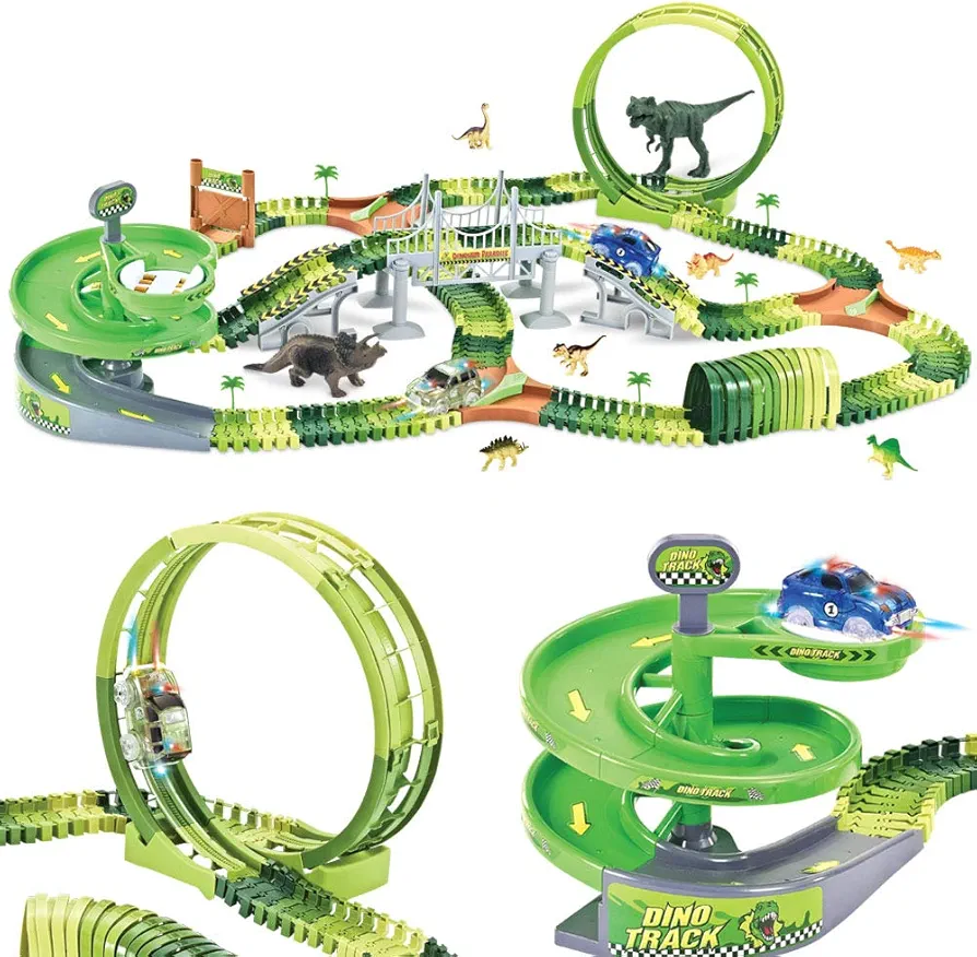 Dinosaur Track Toy Set 280 PCS, Flexible Race Track Playset w/ 240 Tracks, 2 Race Cars, 1 Ferris Wheel (360 Degree Rotation). 1 Rotary U-Turn Tower, Dinosaur Toy for Kids Boys Girls Age 3-12