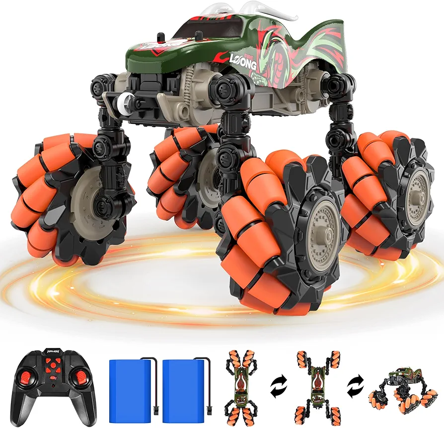 1:14 Rc Cars for Boys Age 8-12, 360° Rotating Crawler 4WD 2.4GHz Rc Stunt Drift Car DIY 100+ Poses with 4 Mecanum Wheel and LED Light Kids Toys Adults（Dragon）