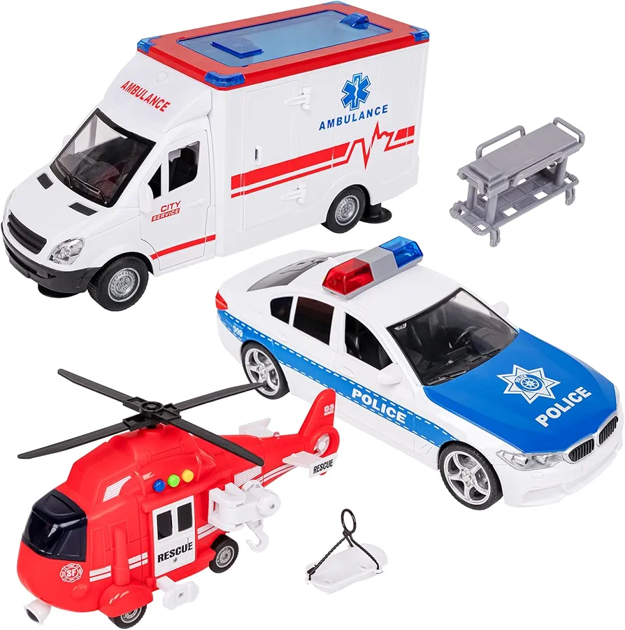 3 PCS Emergency Vehicle Toys, Toddlers Cars with Lights and Siren Sound, Including Play Police Car, Ambulance Toy and Toy Helicopter, Rescue Vehicle Toys for Kids Ages 4-8