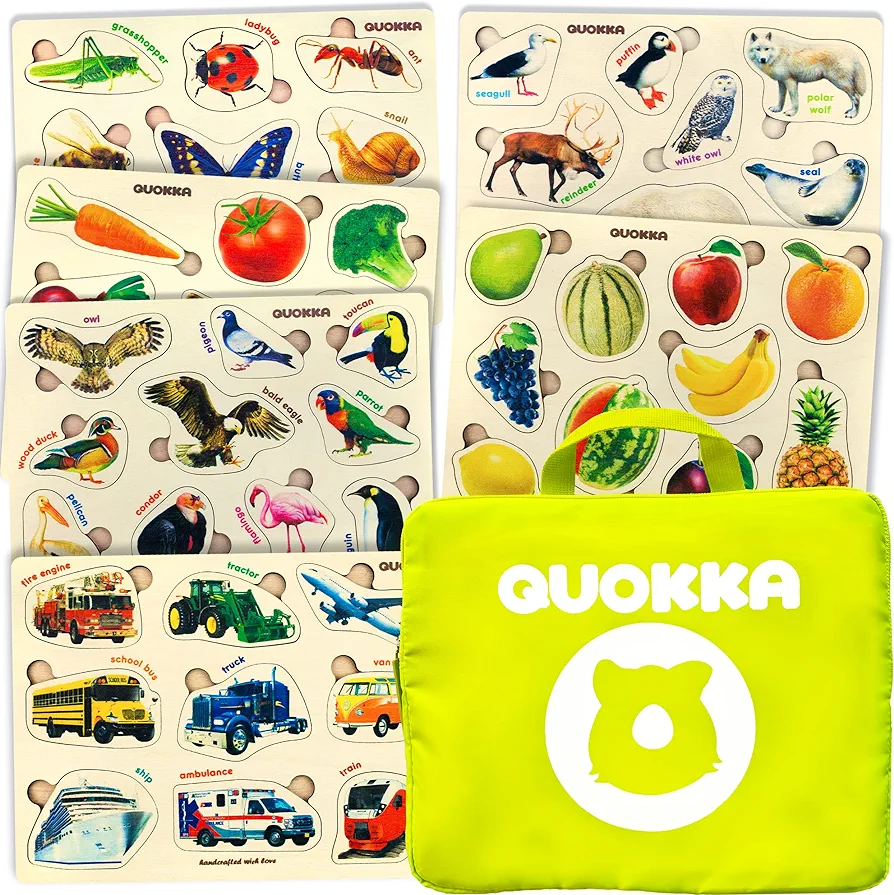 QUOKKA Toddler Puzzles Ages 2-4 in a Bag – 6 Montessori Wooden Puzzles for Toddlers 3-5 Year Old – Preschool Wood Game for Boys and Girls 4-6 – Gift for Learning Realistic Animals Fruits Vehicles