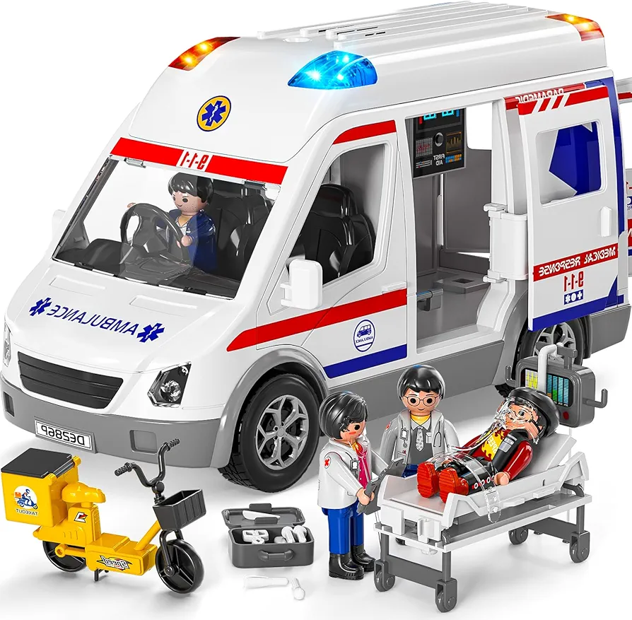 TEMI Ambulance Toy for Kids 3 4 5 6 7 8 Years Old Friction Powered Truck with Light and Sound Emergency Vehicle Toys for Boys Girls Gifts for Age 3-12 Boys Girls