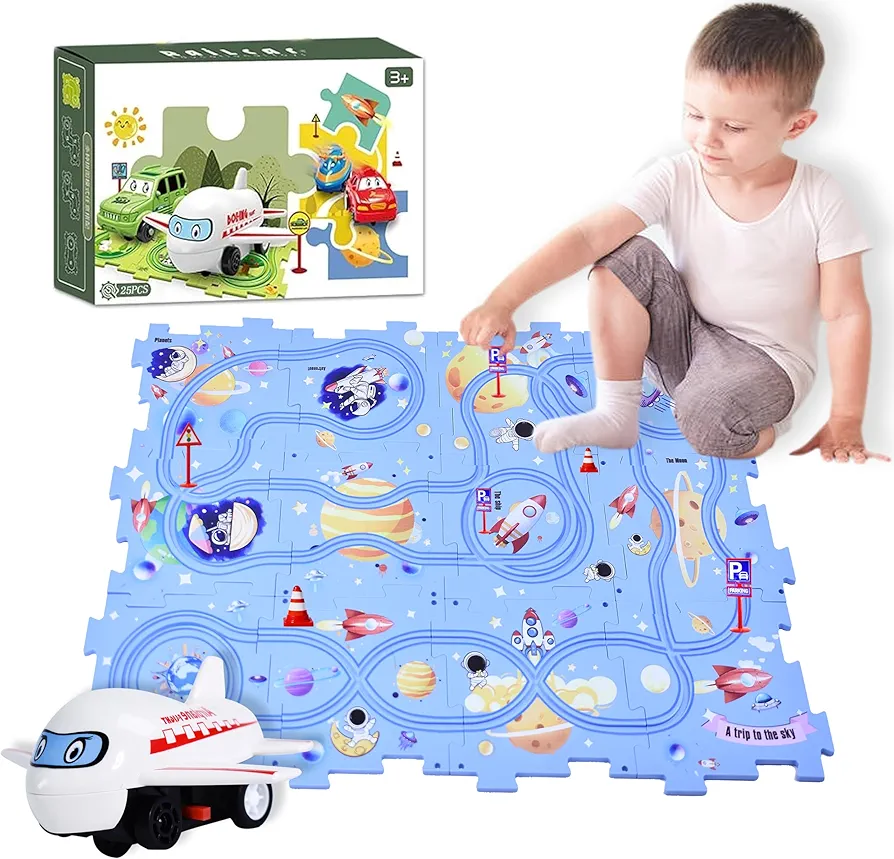 25PCS Puzzles Racer Kids Car Track Play Set,Plastic Puzzles for Kids Ages 3-5 with Airplane,Rail Car Tracks Toy Puzzle,Preschool Educational Toy Gifts for Birthday