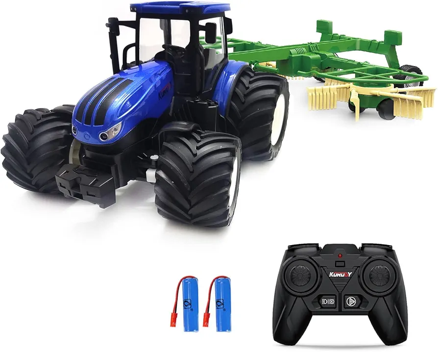 RC Truck Farm Tractor with 2 Rechargeable Batteries - 2.4G 1/24 High Simulation Construction Vehicle with Dual Rotary Swath Windrower，Remote Control Toy with Lights, Hobby Model Toys for Kids 3-6