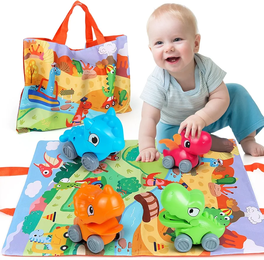 Dinosaur Car Toys for Toddlers 1-3, Infant Baby Toys 12-18 Months, 4 Pack Dino Cars Set with Playmat/Storage Bag, Push Go Friction Vehicle for Boy Age 1 2, First Birthday Gift for 1 2 3 Year Old Girl