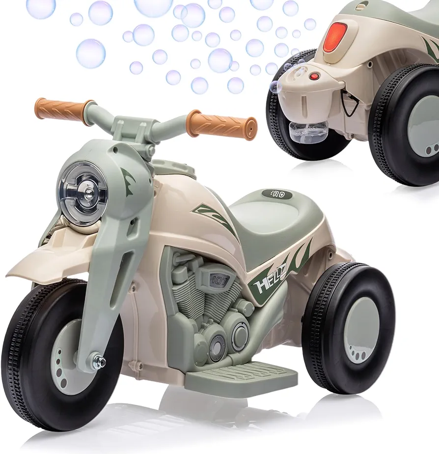 Kids Ride on Bubble Car, Hetoy 6V Battery Powered Ride On Motorcycle Toy w/LED Headlights, Music, Pedal, Forward/Reserve, 3 Wheels Motorbike Electric Bubble Car for Kids 3 and Up Boys Girls, Beige