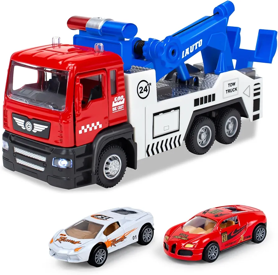 Tow Truck Toys with 2Pcs Mini Toy Cars Set- Pull Back Truck Vehicles with Lights and Sound Carrier Truck Toy, Metal Diecast Trailer Tow Truck Toys for Boys 3 4-7 8 9 Years Old