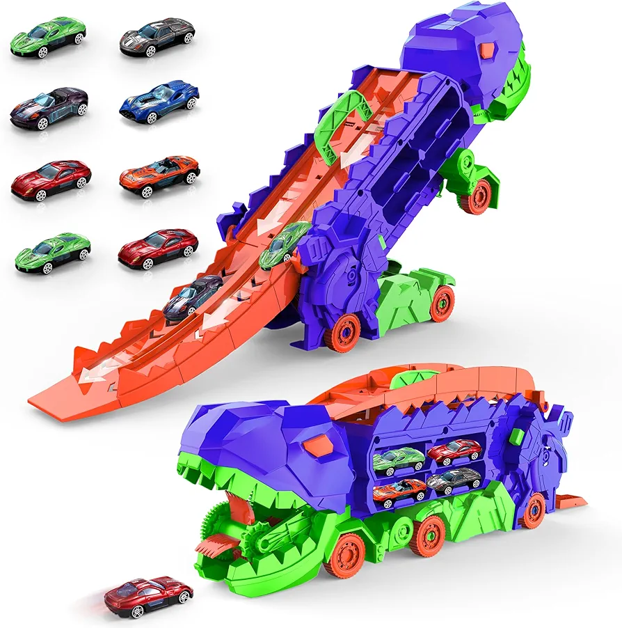 City Toy Car Dinosaur Ultimate Hauler Truck,Transforms into Standing Transporter with Race Track,Dinosaur Hauler with 8 Vehicles Toddler Toys Gifts for Kids Ages 3 4 5 6 7 8 Years Old (Purple)