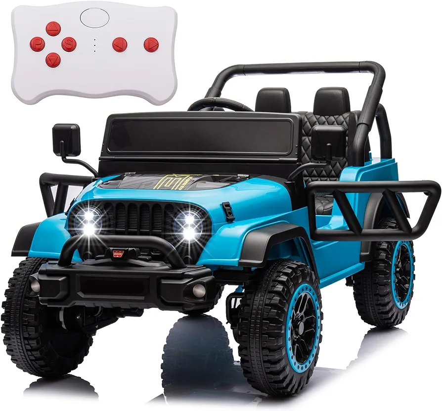 POSTACK 24V Ride on Toy for Big Kids, Off-Road Electric Vehicle with Parental Remote Control, Toddler Ride On Car Truck w/Bluetooth, Music, LED Lights, Battery Powered Electric Cars for Kids, Blue