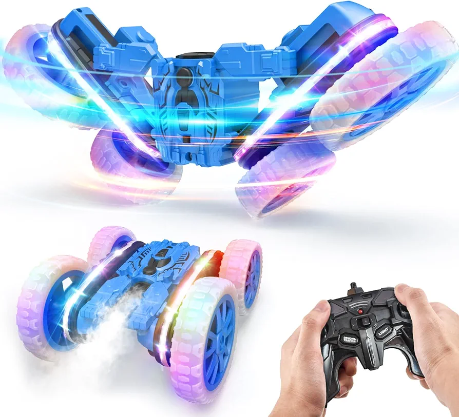 Remote Control Car, RC Stunt Car, 2.4Ghz Double Sided 360° Rotating Remote Control Car with Lights, 4 Wheel Drive, Cool Spray Patterns for Boys Girls Age 6 7 8 9 10 11 12 Year Old Blue