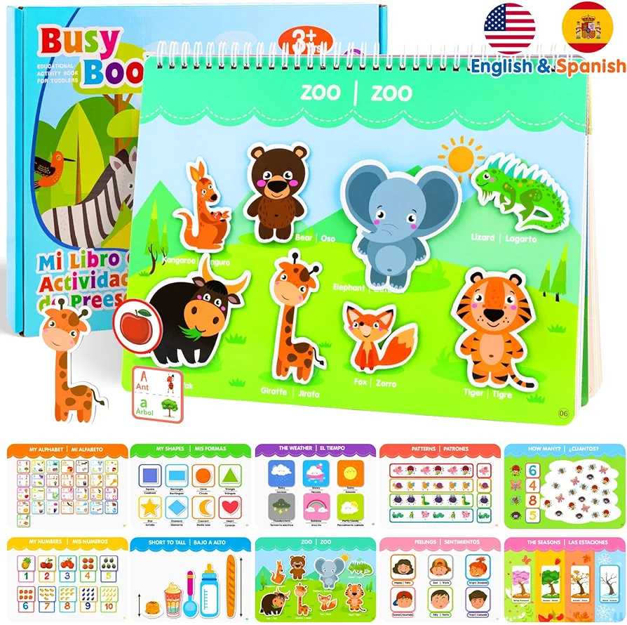 Foayex Preschool Learning Activities Spanish English Books - Bilingual Montessori Educational Toys for 3 4 5 Year Old Girls, Speech Therapy Toys Español para Niños, Kids Birthday Gifts Back to School